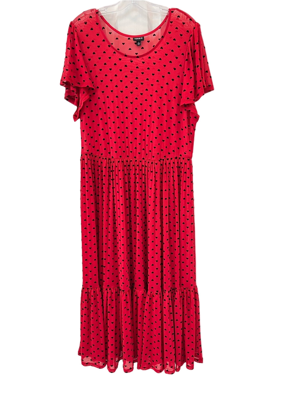 Torrid Red Heart Maxi Dress 2X Sheer Mesh Tiered Flocked Velvet Valentine Goth